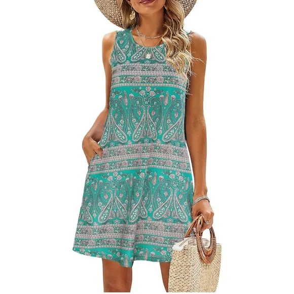 SimpleFun Summer Beach Floral Boho Tank Dress with Pockets - Picture 1 of 13